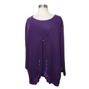 Bizzit Collection Open Front 1 Button Sweater 24W Purple Knit Floral Embroidery